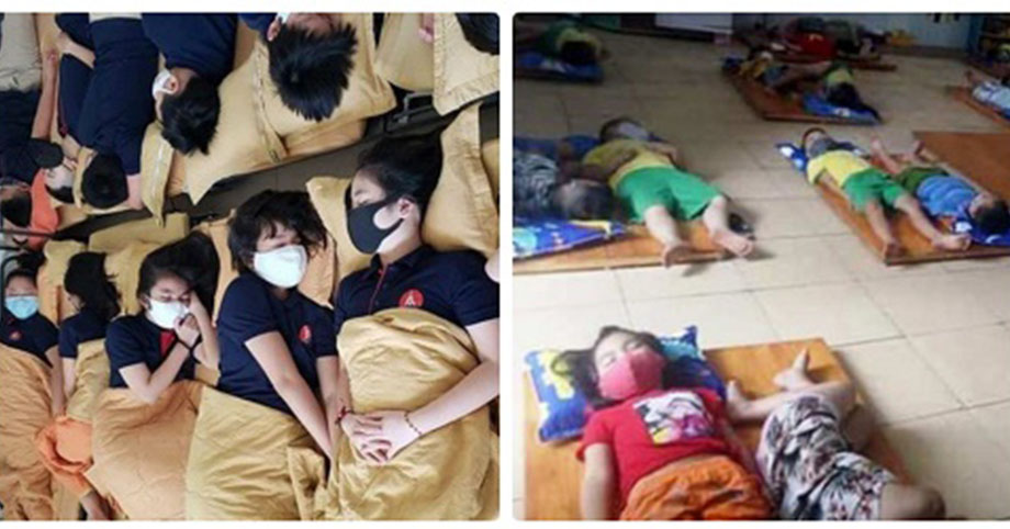 Xót thấy cảnh học sinh đeo khẩu trang kín mít khi ngủ giữa thời tiết nóng oi bức: Có cả trẻ mầm non