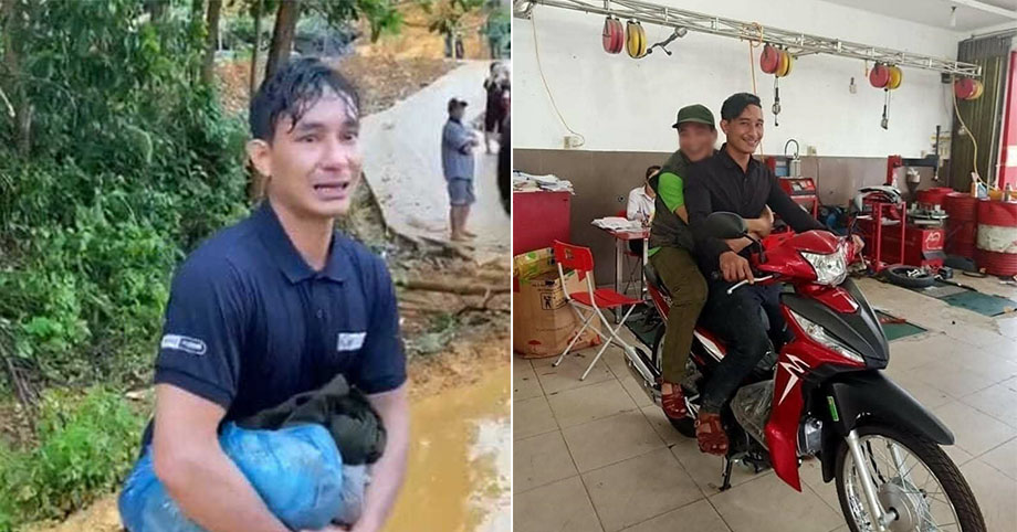 Người đàn ông đi bộ, bật khóc tìm vợ con ở Trà Leng được tặng xe máy
