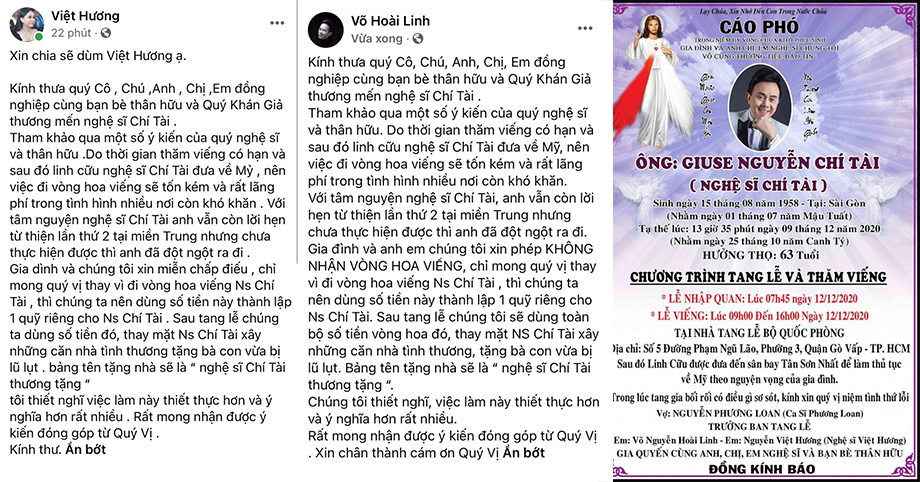 NS Hoài Linh, Việt Hương thông báo gia đình miễn nhận phúng điếu, sẽ lập quỹ từ thiện mang tên cố NS Chí Tài